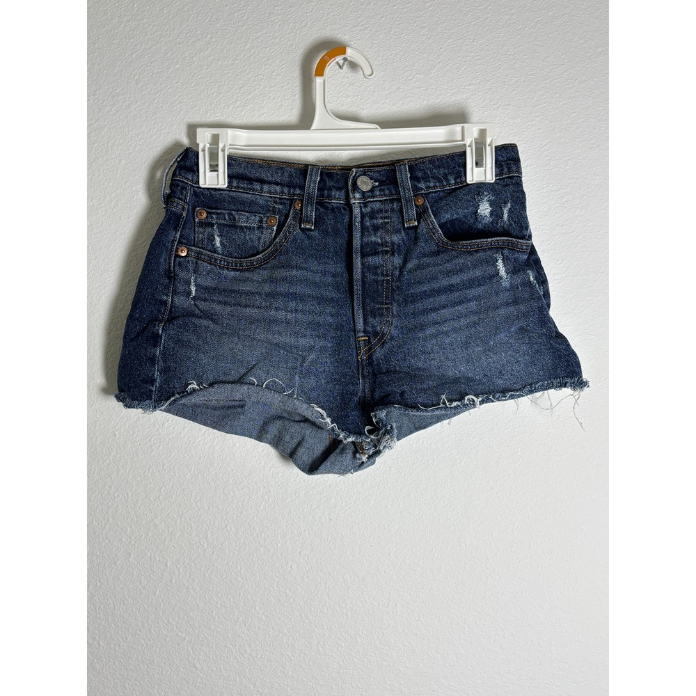 Levis 501 Original High Rise Denim Shorts Dark Wash Distressed Cut‎ Off Size 27